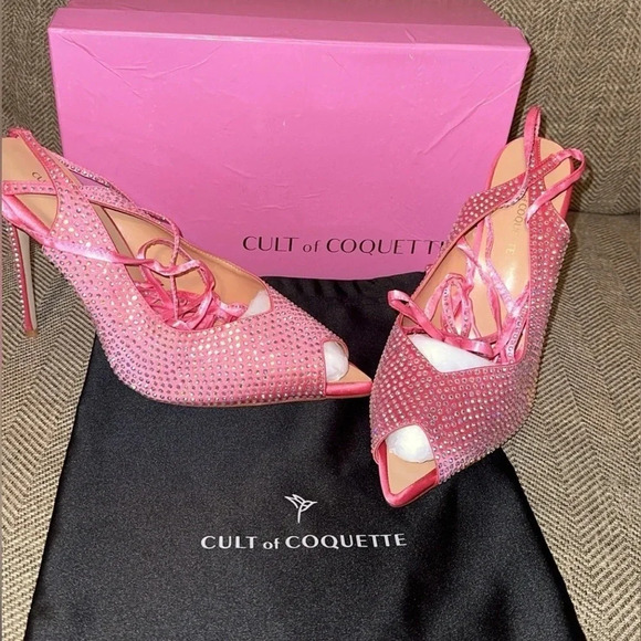 NIB CULT OF COQUETTE KIM PINK SATIN CRYSTAL OPEN TOE HEELS SHOES SIZE 10 - Picture 4 of 13